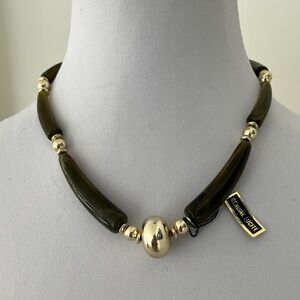 VINTAGE Genuine Lucite Green Gold Single Strand Long Beads Necklace Hong Kong